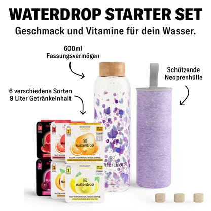 waterdrop Trinkflasche Glas 600 ml Starter Set mit 18 Microdrinks