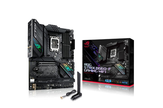 ASUS ROG STRIX B660-F Gaming WIFI Mainboard. Schwarzes ATX-Motherboard mit Kühlkörpern. Bietet Konnektivität und Leistung für Intel-CPUs der 12. Generation in Gaming-PCs.
