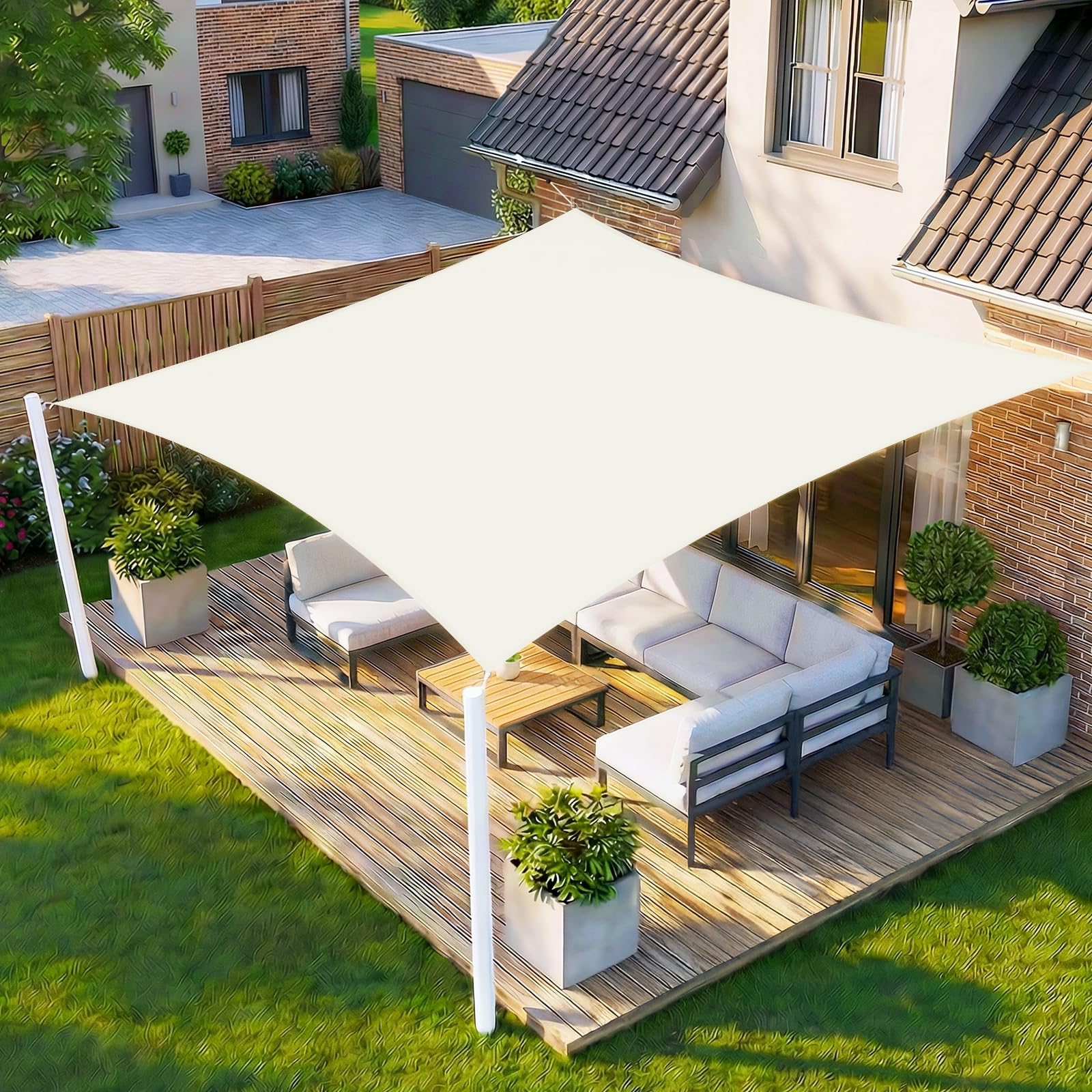 HENG FENG Sonnensegel 4x5 m rechteckig wasserdicht beige aus PES-Gewebe mit PU-Beschichtung für Garten und Terrasse