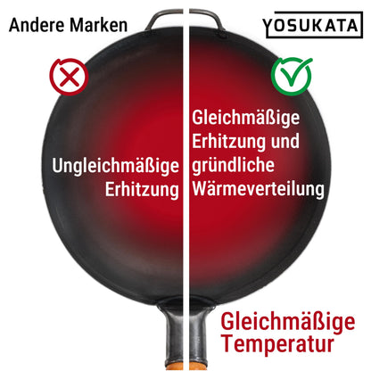 YOSUKATA Karbonstahl Wok 34 cm, flacher Boden, voreingebrannt