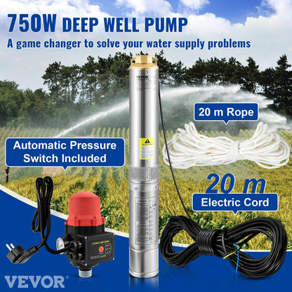 VEVOR Tiefbrunnenpumpe 750 W Tauchpumpe 105 L/min Förderhöhe 62 m