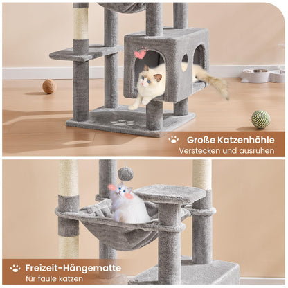 MSmask Katzenbaum 160 cm, Kratzbaum mit Höhlen & Hängematte, Hellgrau