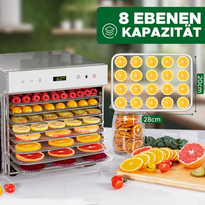 Kwasyo Dörrautomat Edelstahl, 8 Etagen mit 6er Dörrfolie, Rezeptbuch, BPA-frei, 30–90 ℃ Temperatureinstellung, max. 24 Stunden, Dörrautomat für Gemüse, Fleisch, Obst