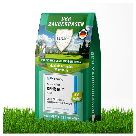 Linsor Zauberrasen Rasensamen schnellkeimend – 10kg / 500m². Kleine, ovale, bräunlich-grüne Samen zur schnellen Neuanlage und Reparatur von Rasenflächen.