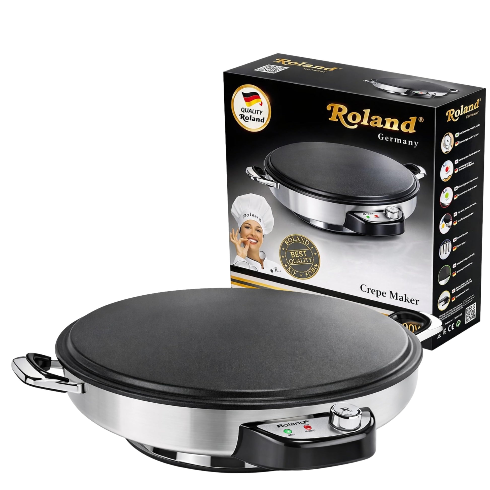 Roland Germany Fladenbäcker HR-002, 50 cm, 2300 W, Edelstahl mit runder beschichteter Backfläche