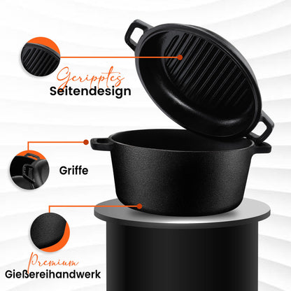 KICHLY Dutch Oven Gusseisen 4,7 Liter mit Grillpfannendeckel