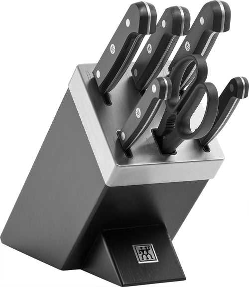 ZWILLING Gourmet Selbstschärfender Messerblock - 7-teilig. Schwarzer Block mit 6 Edelstahlmessern zum Kochen, die beim Einstecken/Ziehen geschärft werden.