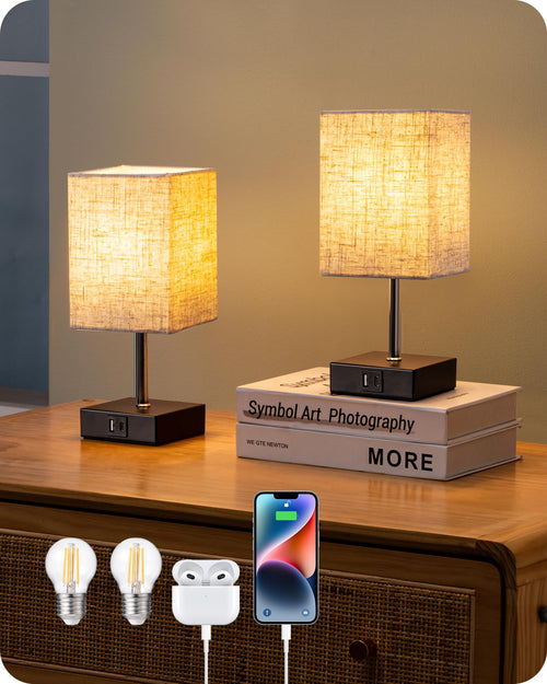 EDISHINE LED Nachttischlampe Touch dimmbar 2er-Set mit USB, beige – Tischlampe mit Metallsockel und beigem Lampenschirm