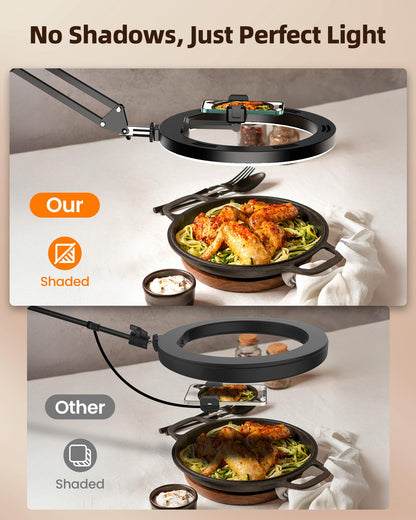 LUXSURE Ringlicht mit Stativ, Overhead Handyhalter für Food-Videos