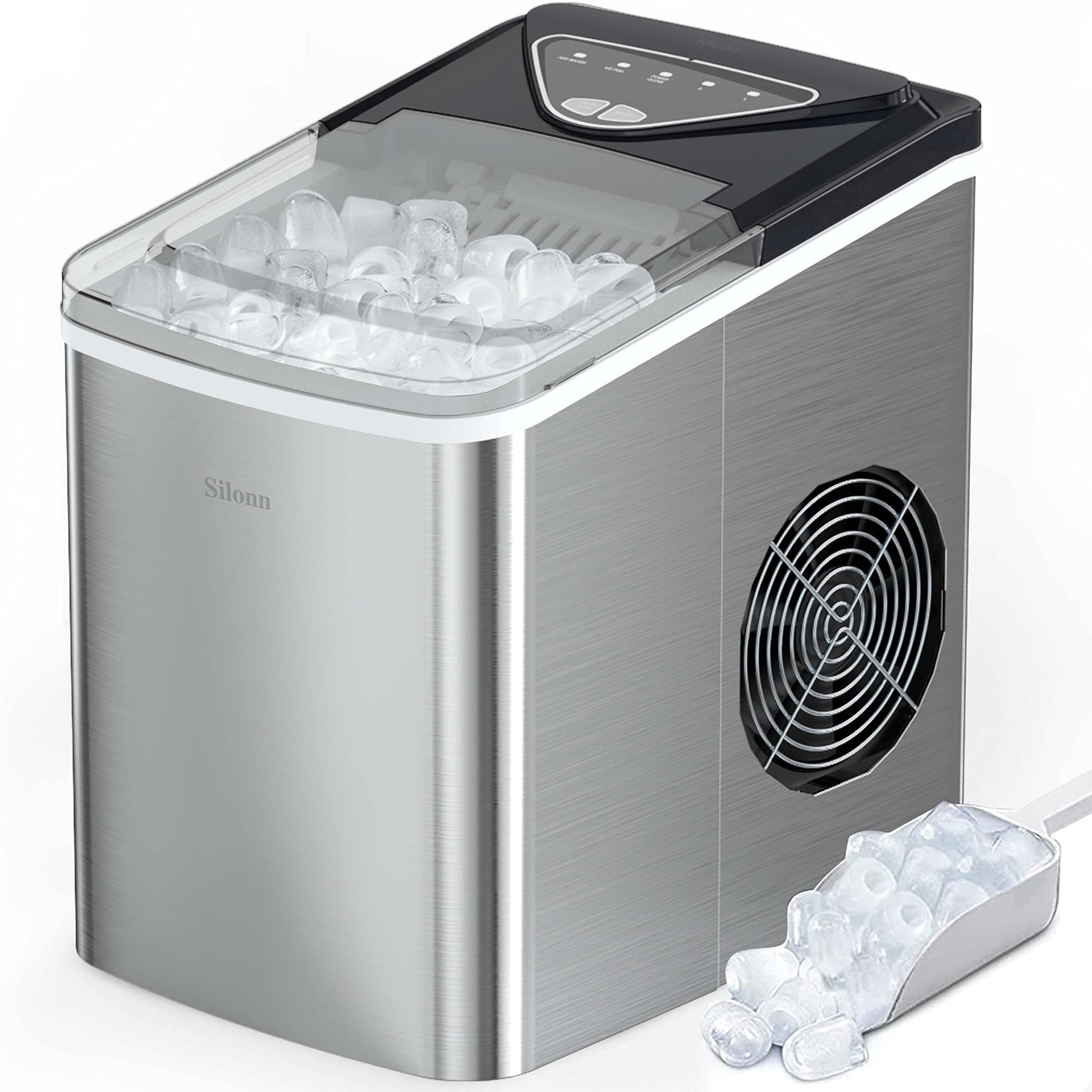 Silonn Eiswürfelmaschine – Klein, Selbstreinigend, 2 Eisgrössen. Kompakte silberne Maschine produziert Eiswürfel in 2 Größen. Selbstreinigend für Getränkekühlung.