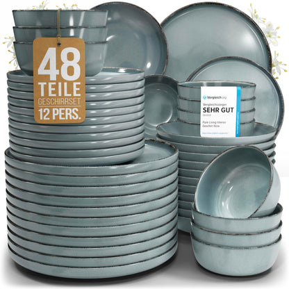 Pure Living Rustic Steingut Geschirrset 48 tlg. - Rauchblau: Rauchblaue Steingut-Teller, -Schalen und -Tassen mit rustikaler Oberfläche für stilvolle Mahlzeiten.