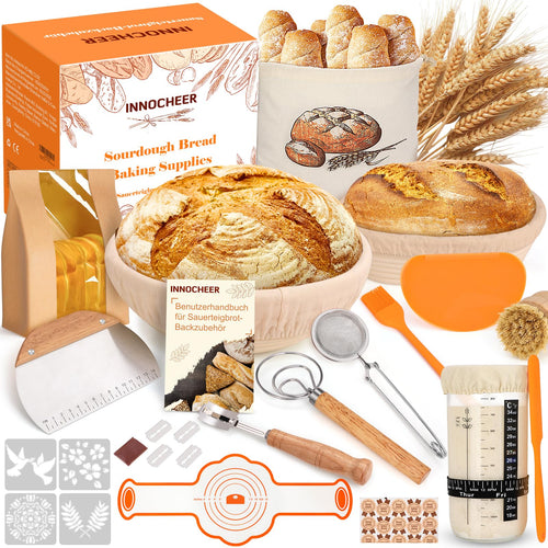 INNOCHEER Gärkörbchen Set, Sauerteig Starter Set mit Brotbackzubehör – zwei Gärkörbe aus Rattan, rund und oval
