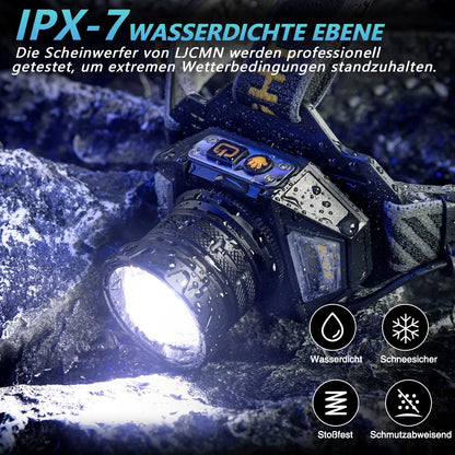 SIDARK LED Stirnlampe, wiederaufladbar, 120000 Lux, IPX7, 12 Modi