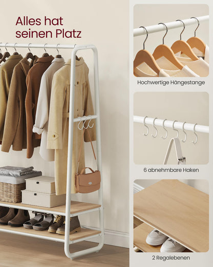 VASAGLE Kleiderständer mit 2 Ablagen und 6 Haken, naturbeige-mattweiss