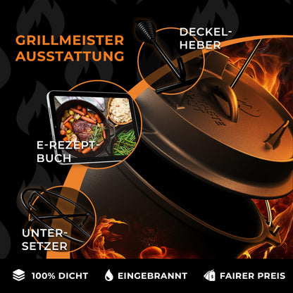 IRON TASTE Dutch Oven Set 12L – Eingebrannter Gusseisen Feuertopf