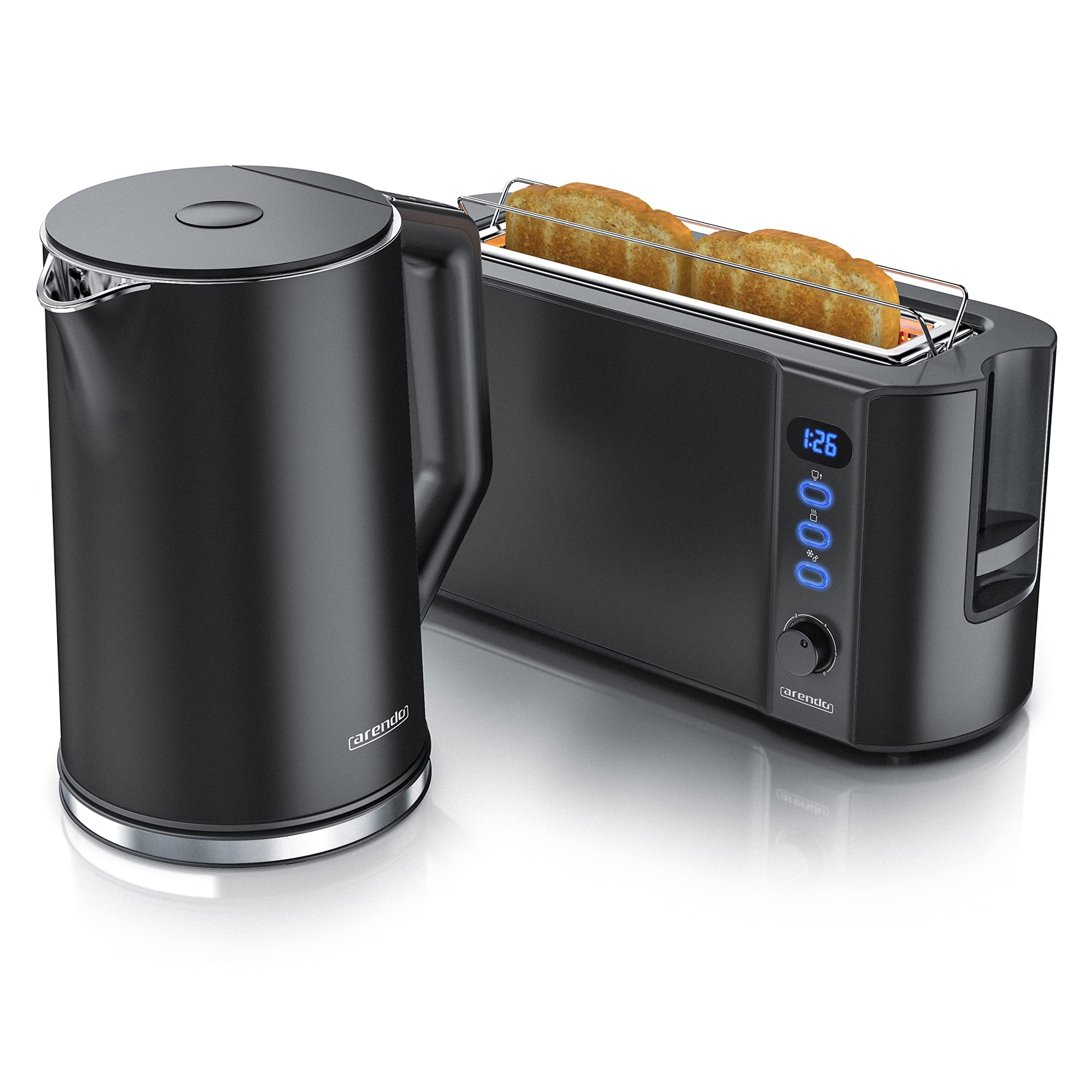 Arendo Wasserkocher 1.5L & Toaster Set Edelstahl Schwarz. Heizt Wasser und bräunt Toastscheiben.