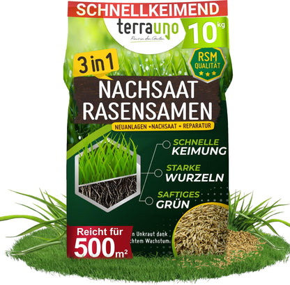 TerraUno Rasensamen schnellkeimend RSM, 10 kg für 200 m² – Grassamen für Neuanlage und Nachsaat