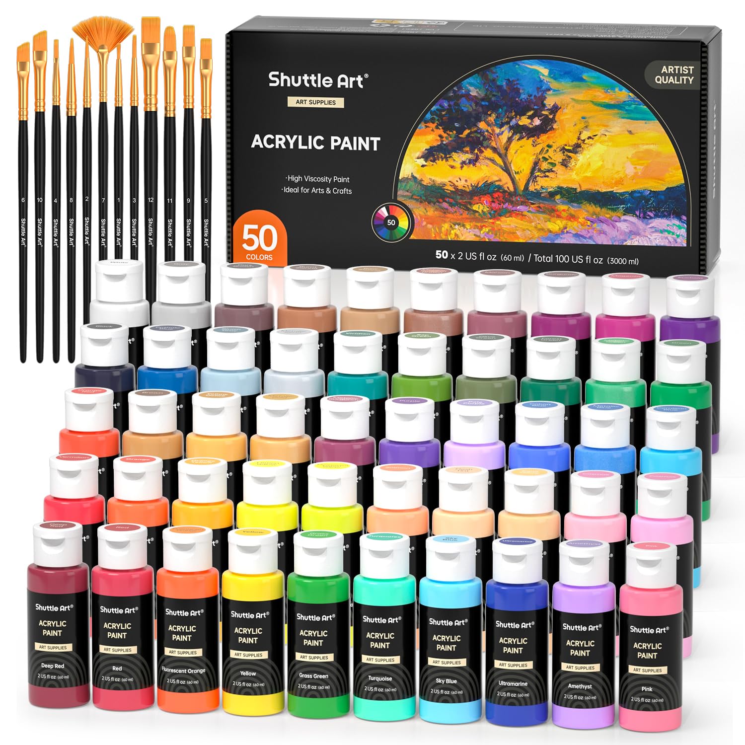 Shuttle Art Acrylfarben Set, 50 Farben à 60 ml, wasserfest, ungiftig – 50 Flaschen in bunten Farbtönen
