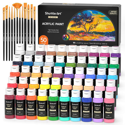 Shuttle Art Acrylfarben Set, 50 Farben à 60 ml, wasserfest, ungiftig – 50 Flaschen in bunten Farbtönen