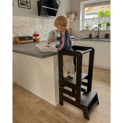 Meowbaby Lernturm höhenverstellbar – Montessori Holz, Schwarz-Natur