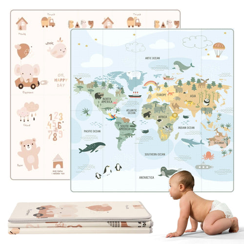 HuBorns Spielmatte Baby faltbar 200x180 cm, wendbar, Weltkarte – gepolsterte Krabbelmatte