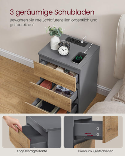 VASAGLE Kailyn Nachttisch 2er Set mit Steckdosenleiste, 3 Schubladen