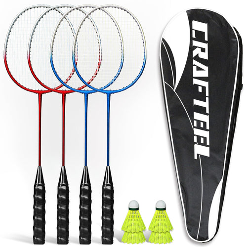 Crafteel Badminton-Set: 4 Schläger, 4 Federbälle und Tragetasche, Stahlrahmen mit ovalem Schlägerkopf