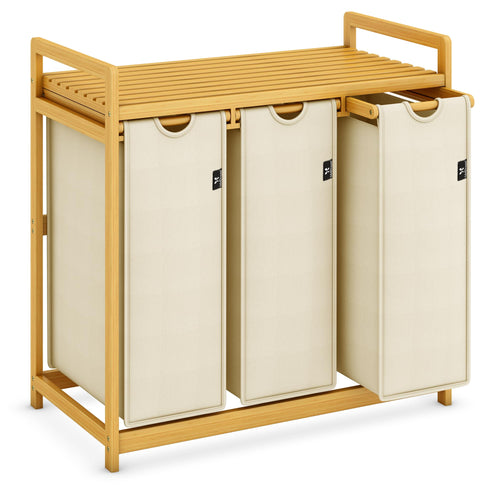 AdelDream Wäschekorb 150 L mit 3 Fächern, Bambusrahmen, Beige, drei ausziehbare Wäschesäcke