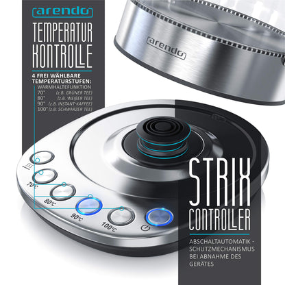 Arendo Glas Wasserkocher – 1.5L, Temperatureinstellung & Warmhalten