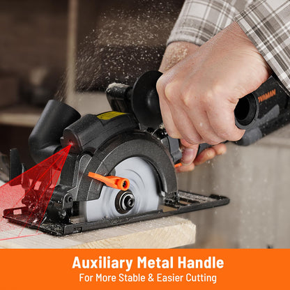 DOVAMAN Mini Handkreissäge, 710W 115mm Handkreissäge w/Laser, 3500RPM, Metall-Hilfsgriff, 43mm (90°), 29mm (45°) Schnitttiefe, 6 Sägeblätter, ideal für Holz, Weichmetall, Kunststoff, Fliesen–MCS01A