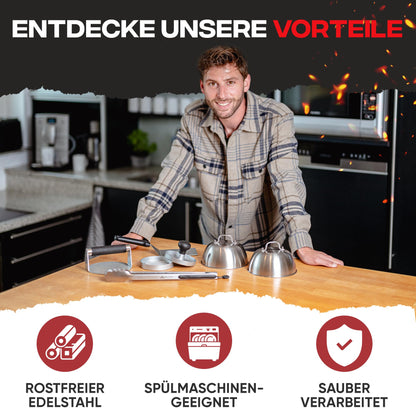 BergVibes Smash Burger Set aus Edelstahl, 6-teilig mit Burgerglocken