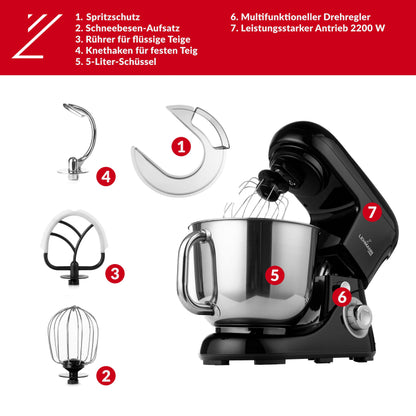 Lehmann Planetarische Küchenmaschine Rührgerät 2200W 5L Schwarz