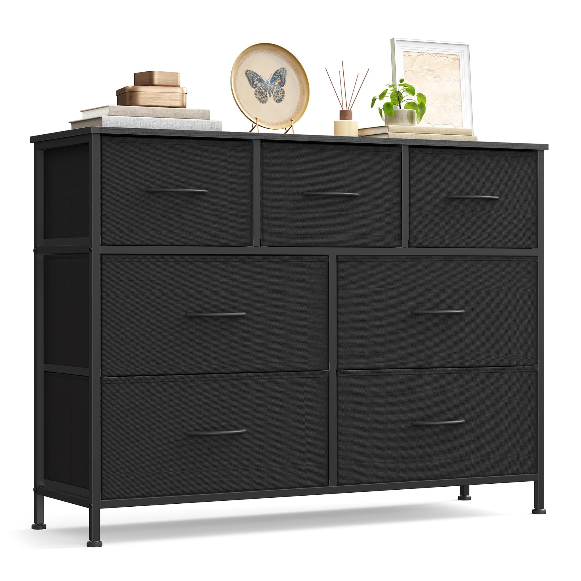 SONGMICS Kommode mit 7 Stoffschubladen, Stahl und MDF, schwarz – Aufbewahrung für Schlafzimmer, Flur und Wohnzimmer