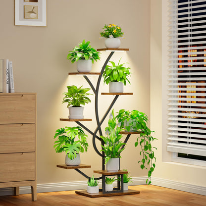 BACEKOLL Pflanzenständer mit Wachstumslicht - 8 Ebenen Blumenständer 126cm Metall Holz Pflanzenregal - Innen & Außen Blumentreppe - Dekoratives Schwarz Blumenregal für Innen Garten Balkon