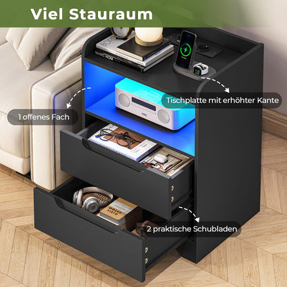 Brinlawb Nachttisch 2er Set mit Ladefunktion & LED, Schwarz