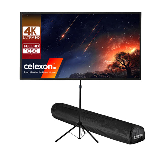 celexon Ultralightweight Stativ-Leinwand 90" 16:9 mobil. Weiße Leinwand auf schwarzem Stativ für mobile Projektionen.