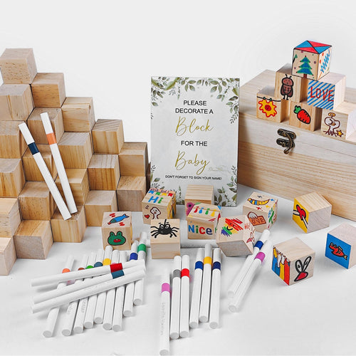 EIGTWEN Babyparty-Spiele-Set 78-teilig mit Holzblöcken und Stiften, Holzklötze, Holzschild und Holzbox