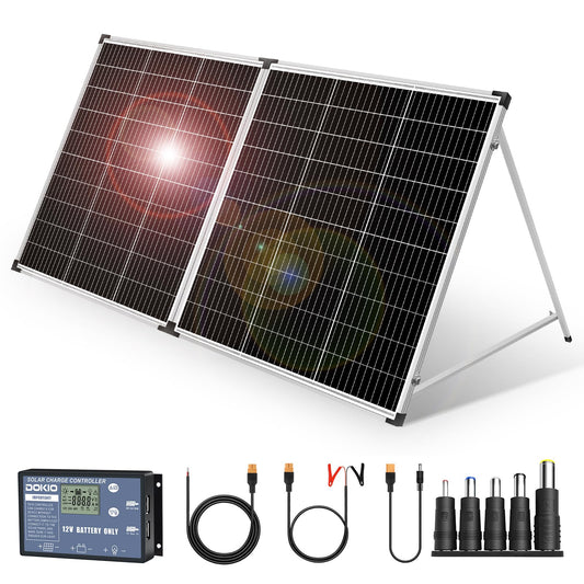 DOKIO Solarkoffer 200W mit Laderegler – für 12V & Power Station. Faltbarer Koffer (dunkel). Erzeugt Solarstrom.