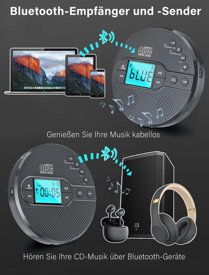 Gracioso CD35 Tragbarer CD-Player mit Bluetooth und FM-Transmitter