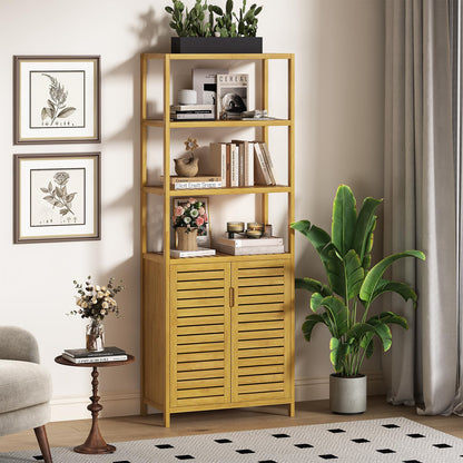 VIAGDO Hochschrank Badschrank - Bambus mit Fächern & Türe