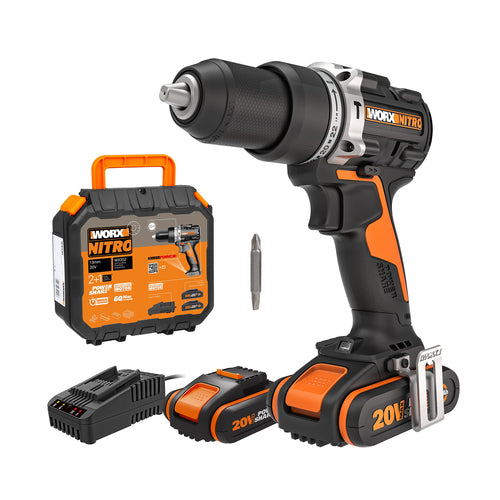 WORX NITRO WX352 Akku-Schlagbohrschrauber Set 20V bürstenlos 60Nm mit zwei 20V-Akkus und Schnellladegerät