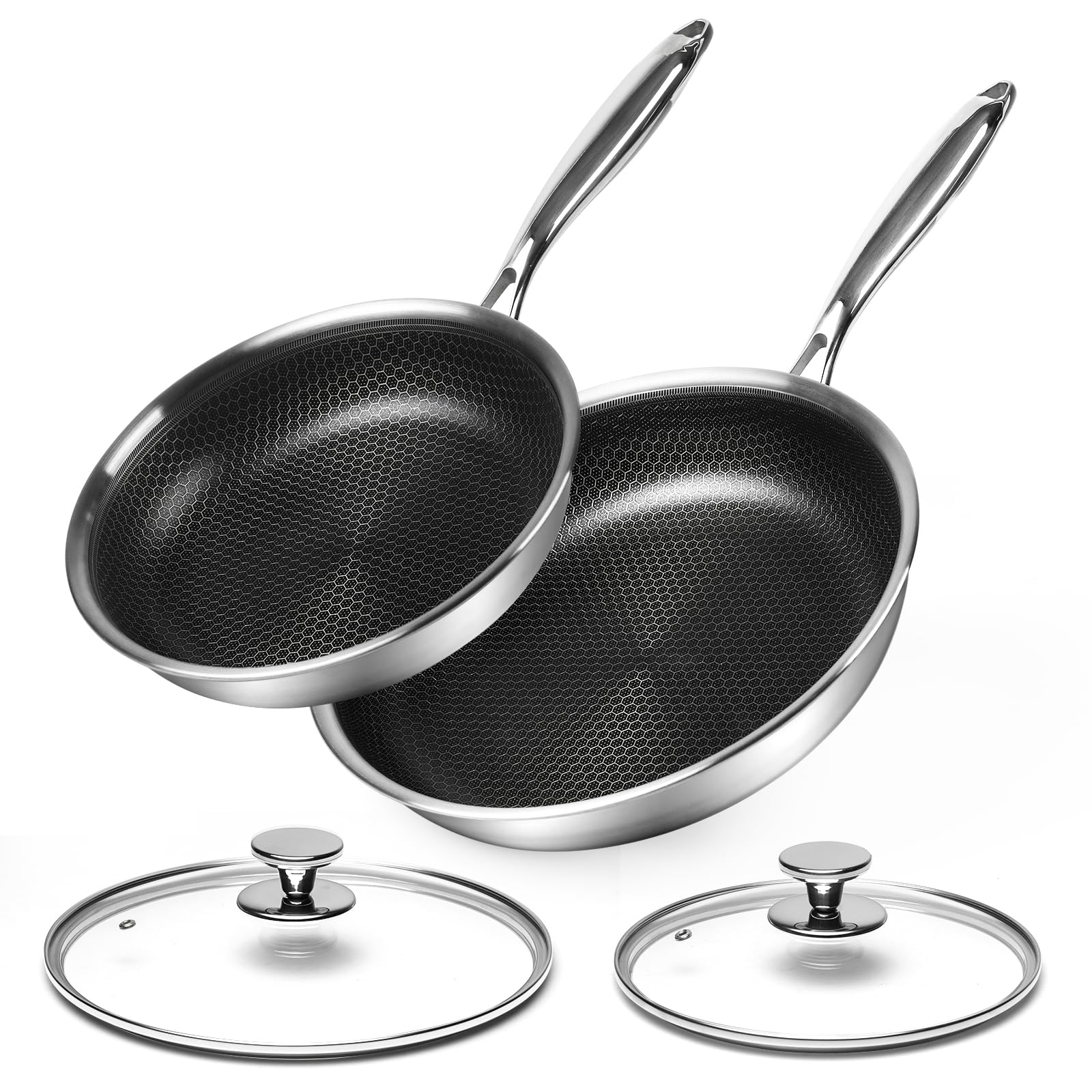 Innerwell Pfannenset 2-teilig Edelstahl Antihaft 24 & 28 cm. Runde, silberne Pfannen zum fettarmen Braten von Speisen.