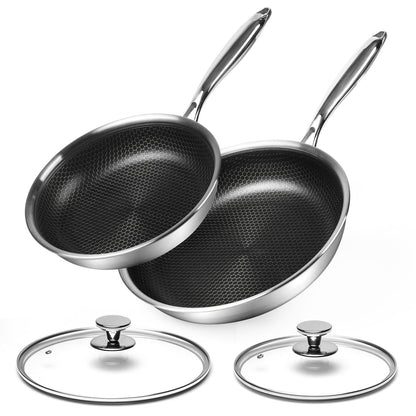 Innerwell Pfannenset 2-teilig Edelstahl Antihaft 24 & 28 cm. Runde, silberne Pfannen zum fettarmen Braten von Speisen.