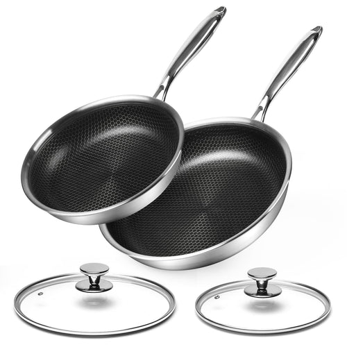 Innerwell Pfannenset 2-teilig Edelstahl Antihaft 24 & 28 cm. Runde, silberne Pfannen zum fettarmen Braten von Speisen.