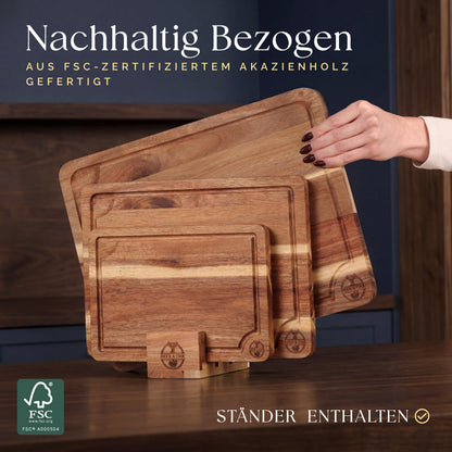 Deer & Oak Schneidebrett-Set Akazie, 3-teilig mit Ständer und Öl