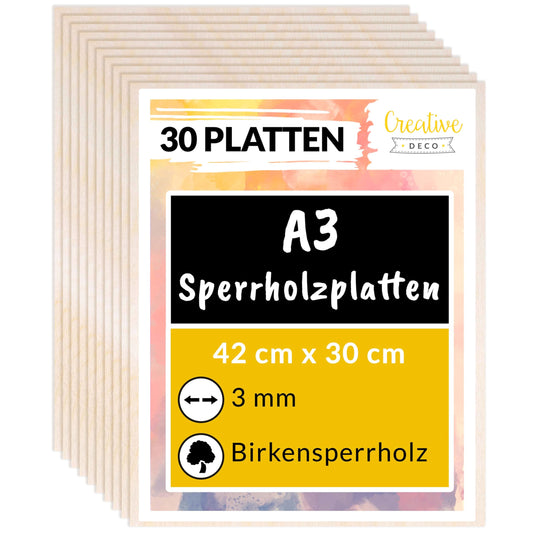 Creative Deco 30x A3 Birkensperrholzplatte 3mm Holzzuschnitte: Hellbraune Platte zum Lasercutten, Modellbau, Basteln.