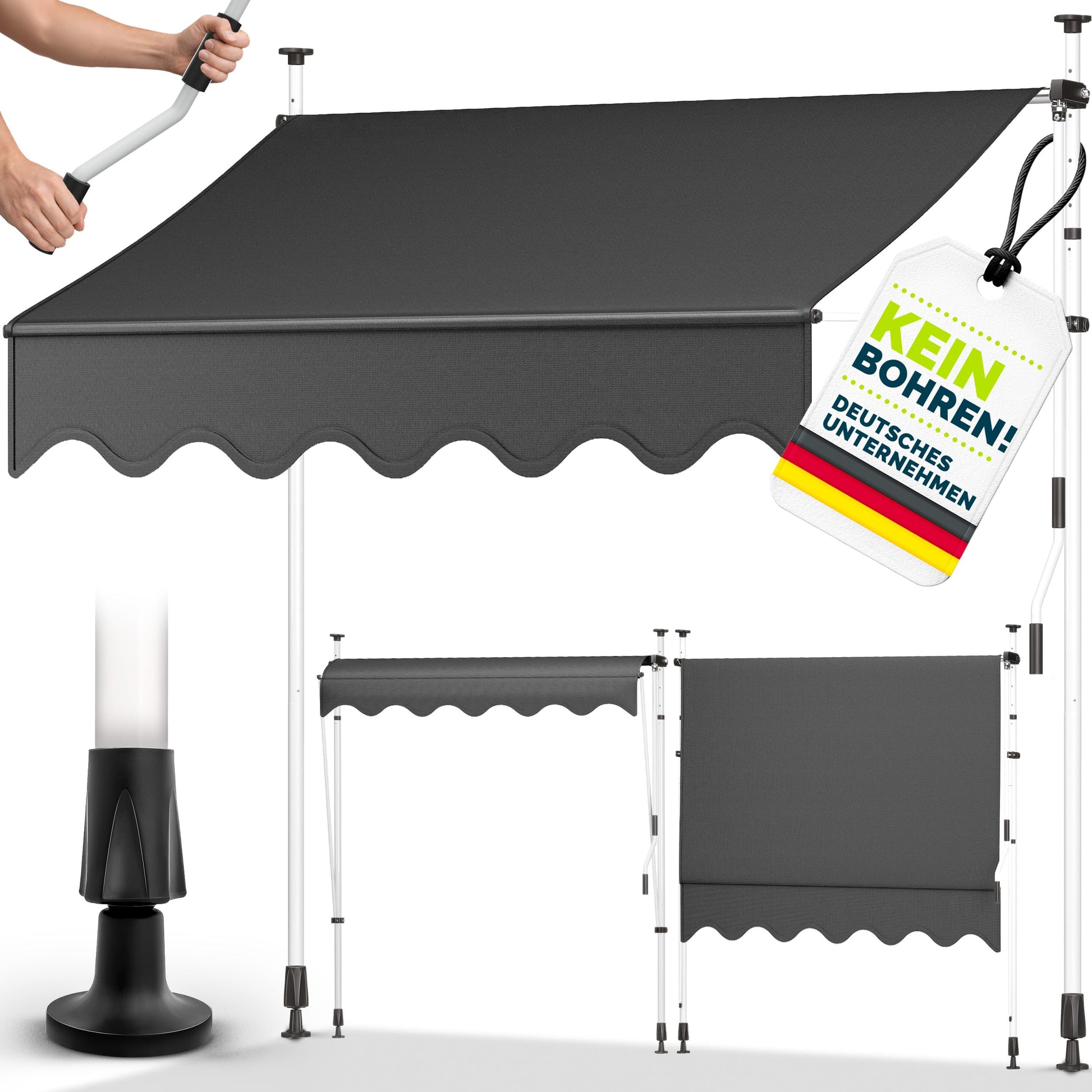 tillvex Klemmmarkise mit Handkurbel, Balkonmarkise Grau 400 cm – Stahlrahmen und Polyestertuch