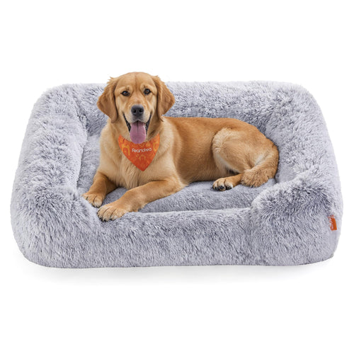 Feandrea Hundebett 106 x 75 cm, Hundesofa, waschbar, Ombré-Grau mit erhöhten Rändern und Plüschbezug