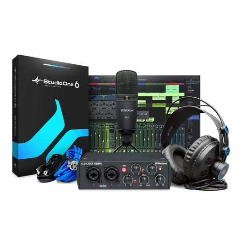 PreSonus AudioBox 96 Studio USB Interface Bundle - 25th Anniversary Edition. Kompaktes silbernes USB-Audio-Interface mit Mikrofon und Kopfhörern für Musikproduktion.