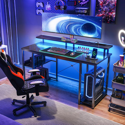 Coleshome Gaming Schreibtisch LED 120x50cm – Schwarz, Steckdosen, Monitorständer